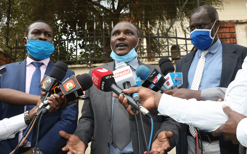 ODM chairman, John Mbadi (centre) addresses the media at a Nairobi hotel where they called on MCAs to impeach Governor Okoth Obado. With him is secretary general Edwin Sifuna (left) and executive director Odour Ongwen. Photo/PD/KENNA CLAUDE