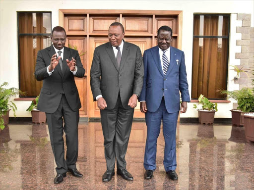 President Uhuru Kenyatta (centre), his Deputy William Ruto (left) and ODM leader Raila Odinga. PHOTO/Courtesy