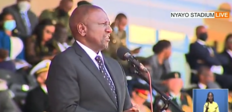 DP Ruto speaking during the State funeral of Mwai Kibaki at Nyayo stadium. PHOTO/Twitter