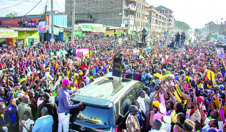 Deputy President William Ruto with Kenya Kwanza counterparts ANC party leader Musalia Mudavadi, Ford Kenya’s Moses Wetangula and other leaders during a rally in Rongai, Kajiado County. PHOTO/DPPS