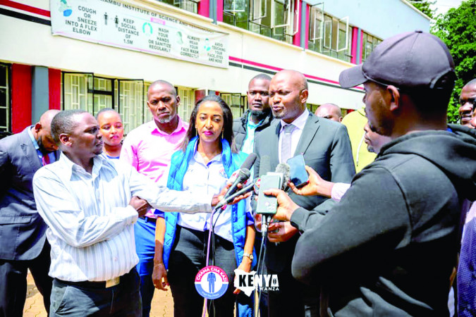 Gatundu South MP Moses Kuria addresses the media after he got his clearance from the Returning Officer at Kiambu Institute Science and Technology. PHOTO/Clement Kamau