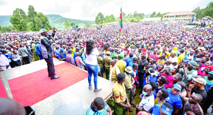 Azimio la Umoja presidential candidate Raila Odinga addresses a rally at Etago Kisii, yesterday. PD/ Emmanuel Wanson 