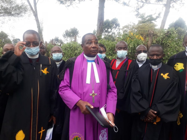 Presbyterian Church of East Africa(PCEA) moderator of the General Assembly Reverend Thegu Mutahi in the company of other church leaders in Mathira, Nyeri county.