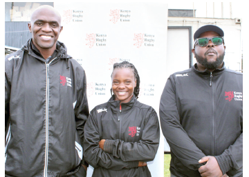 Lionesses coach Dennis Mwanja (left), player Judith Auma and KRU Secretary Ian Mugambi. PHOTO/Barry Sillah