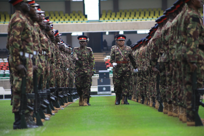 Kenya Defense Forces perform a drill, in preparation of the swearing in ceremony of president -elect William Ruto yesterday at the Kasarani Stadium. PHOTO/John Ochieng