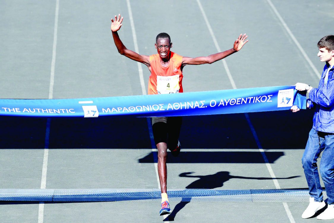 TBrimin Misoi crosses the finishline to win the Frankfurt Marathon yesterday. PD/Courtesy