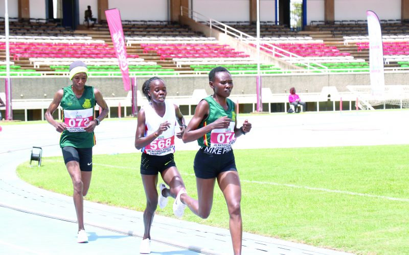 Ruth Chepngetich (right) in the lead during a past Athletics Kenya championship at Nyayo Stadium. PD DAVID NDOLO