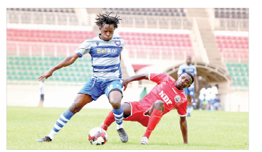 Ronald Sichenje of AFC Leopards (left) and Jacob Onyango of Ulinzi Stars fight for the ball during their past pre-season friendly. PHOTO/Rodgers Ndegwa.