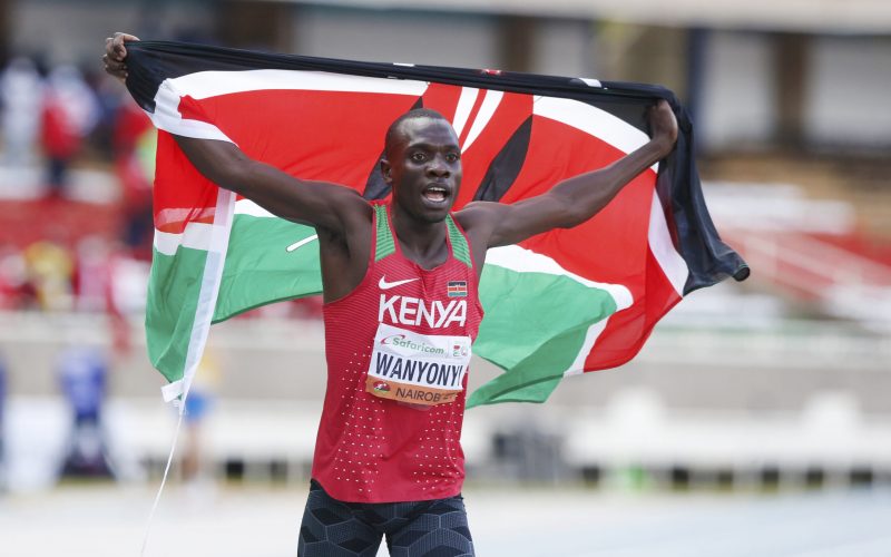 Kenyan middle races champion Emmanuel Wanyonyi celebrates after winning a race in a past championship. PHOTO/PRINT