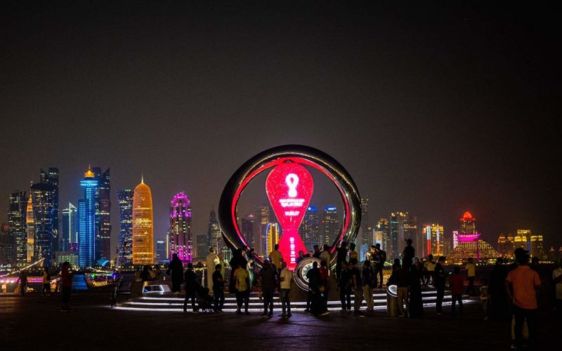 Visitors gather at the FIFA World Cup countdown clock in Doha on October 30, 2022. Jewel Samad/AFP/Getty Images