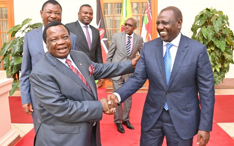 President William Ruto shares a light moment with COTU boss Francis Atwoli at State House.