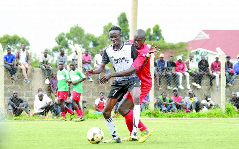 Clinton Okoth of Migori Youth (L) vies for the ball against Herbet Okoth of AP during a past NSL match. PHOTO/ RODGERS NDEGWA