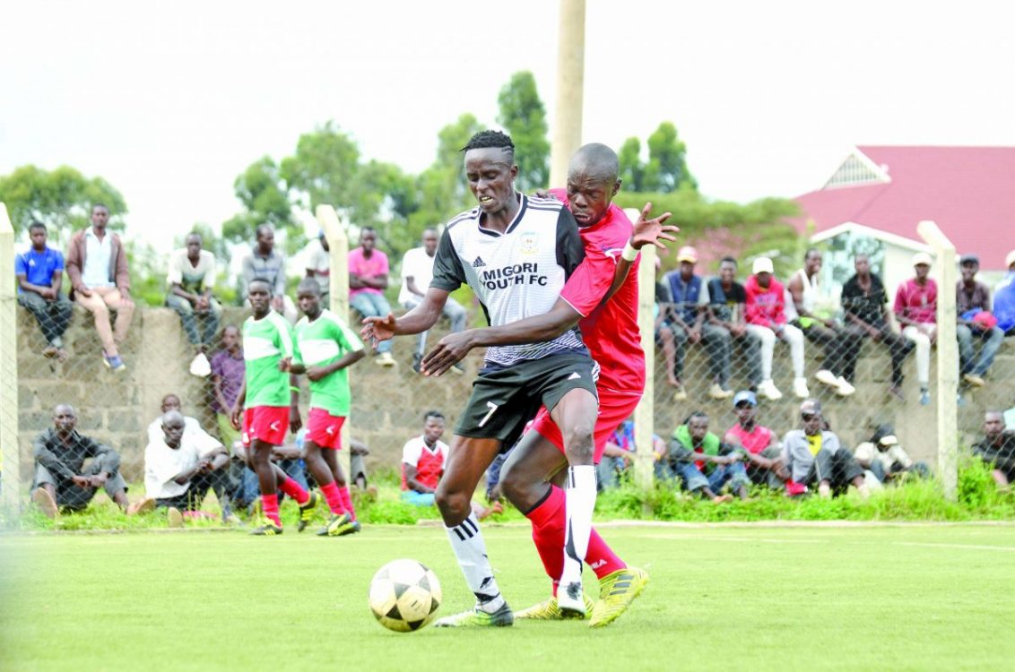 Clinton Okoth of Migori Youth (L) vies for the ball against Herbet Okoth of AP during a past NSL match. PHOTO/ RODGERS NDEGWA