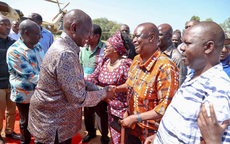 President William Ruto received by Siaya Senator Oburu Odinga and Siaya Governor James Orengo ahead of his project tour.PHOTO/@WilliamsRuto/X