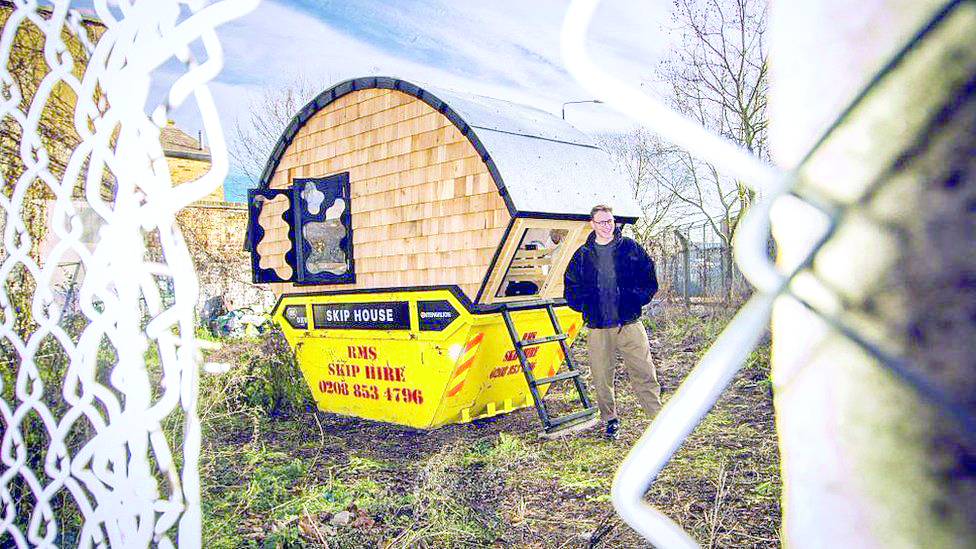 Artist living in converted skip in Bermondsey