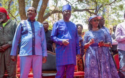 Azimio leaders Raila Odinga, Kalonzo Musyoka and Martha Karua during Azimio prayer rally at Jevanjee Gardens on February 22, 2023.