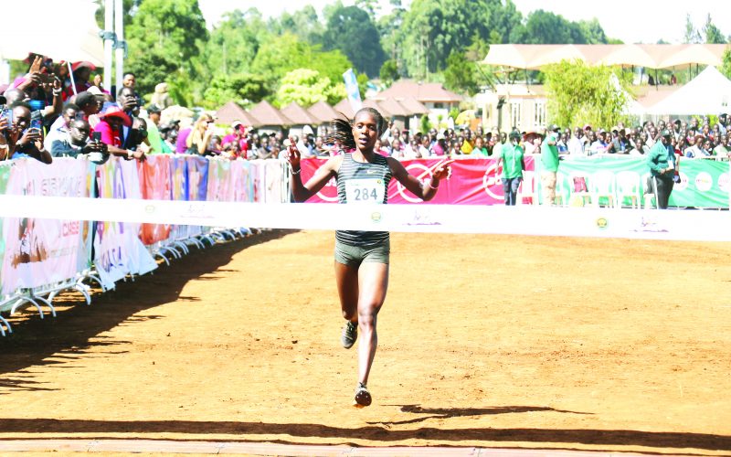 Double Olympic champion Faith Kipyegon celebrates as she cruises to victory during the 10km World Cross Country Tour women’s race dubbed Sirikiwa Classic. PHOTO/DAVID NDOLO