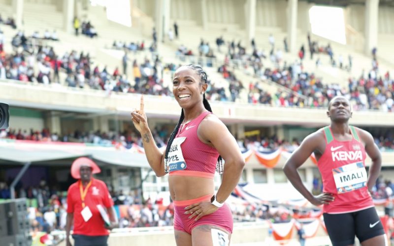 Shelly Anne Fraser-Pryce reacts after winning the 100m women race during last year’s KipKeino Classic race at Kasarani Stadium. PHOTO/Alex Njue