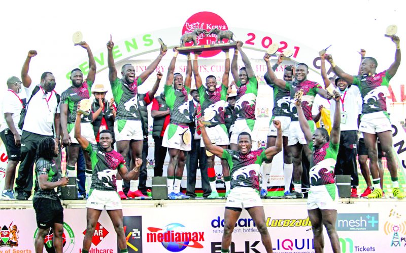 Kenya 7s (Shujaa) celebrating after winning the 2021 Safari Sevens. PHOTO/KRU