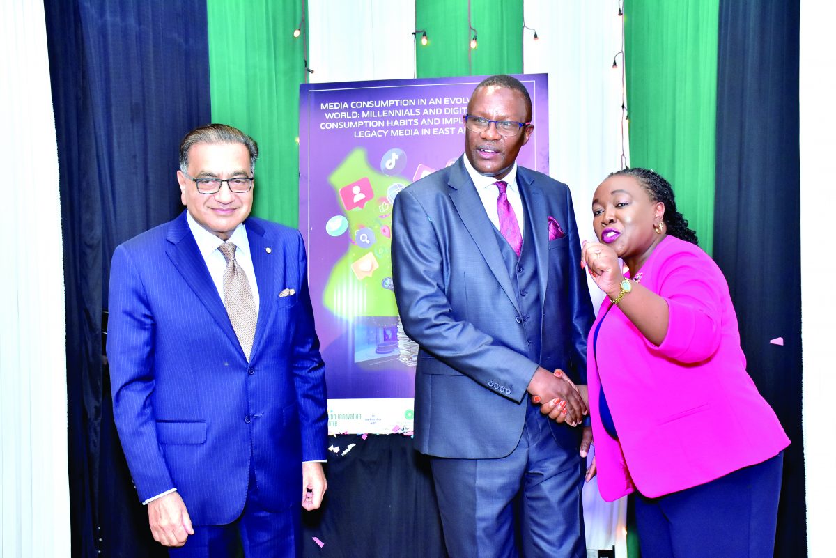 Aga Khan University chairman Moyez Alibhai (left), CS Ministry of Information Eliud Owalo (centre) and Aga Khan University Graduate School of Media and Communications Interim Dean Nancy Booker during the launch of the media report in Nairobi yesterday. PD/GERALD ITHANA