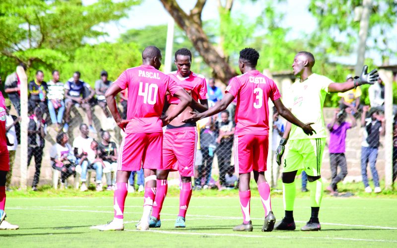 Kibera Blackstars players argue among themselves after Naivas FC scored two quick goals in first half during their NSL match played at Camp Toyoyo. PHOTO/David Ndolo