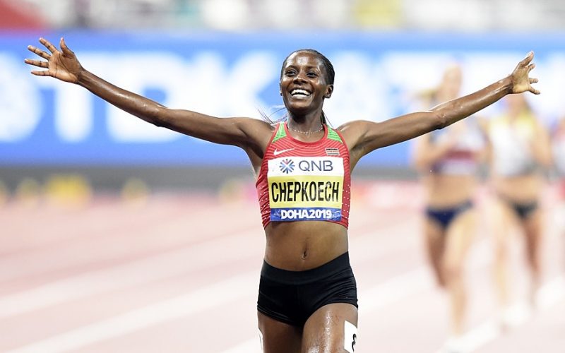 Beatrice Chepkoech celebrates a past marathon win. PHOTO/World Athletics.