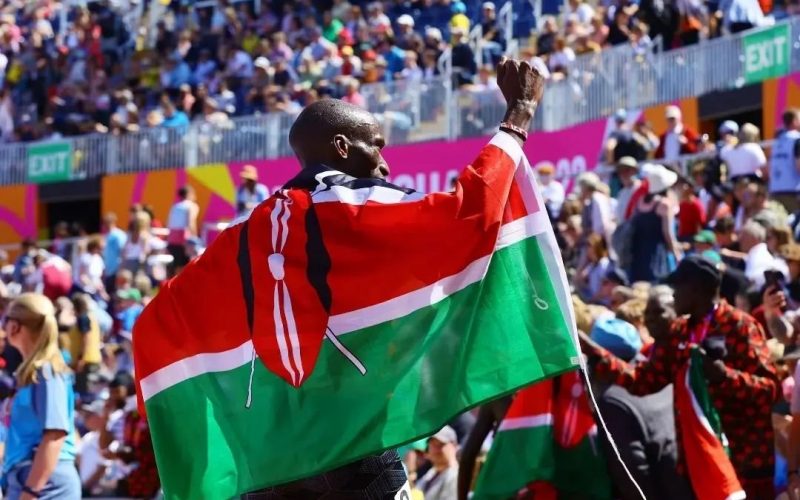 Kenyan athlete Timothy Cheruiyot (left) reacts after a past 1500m international race. PHOTO/@tim_cheruiyot/Twitter