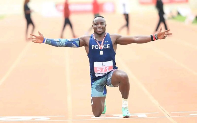 Ferdinand Omanyala at the National Athletics Championships. PHOTO/(@Ferdiomanyala)/Ferdinand Omanyala/Twitter.