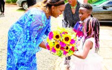 Pastor Dorcas Rigathi, spouse of Deputy President Rigathi Gachagua, is received by children at the Deliverance Church in Kericho where she attended Sunday Service and mourned with the congregation which lost their Bishop, Dr Benjamin Kipruto.