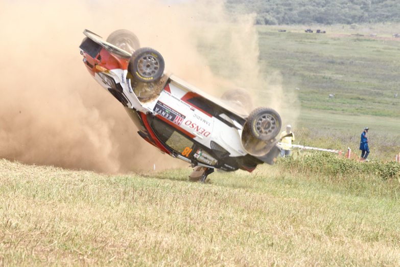 Takamoto rolls during Shakedown in Loldia, but fit and ready to start rally today at Uhuru Park