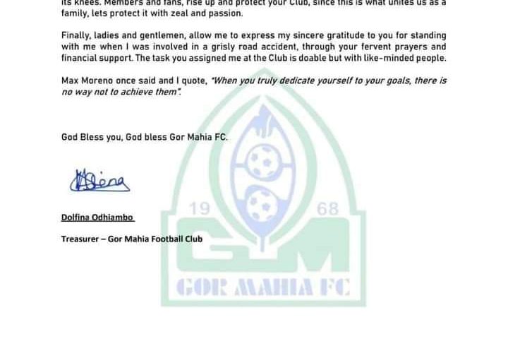 Letter by Gor Mahia treasurer Dolphine Odhiambo.