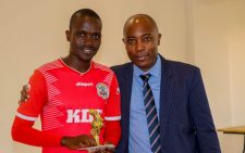 Ulinzi Stars attacker Bonifcae Muchiri after receiving his trophy. PHOTO/Ulinzi Stars/Facebook