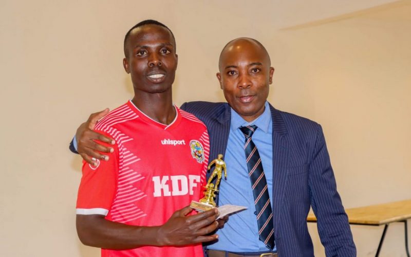 Ulinzi Stars midfielder Bernard Ongoma after receiving his trophy. PHOTO/Ulinzi Stars/Facebook