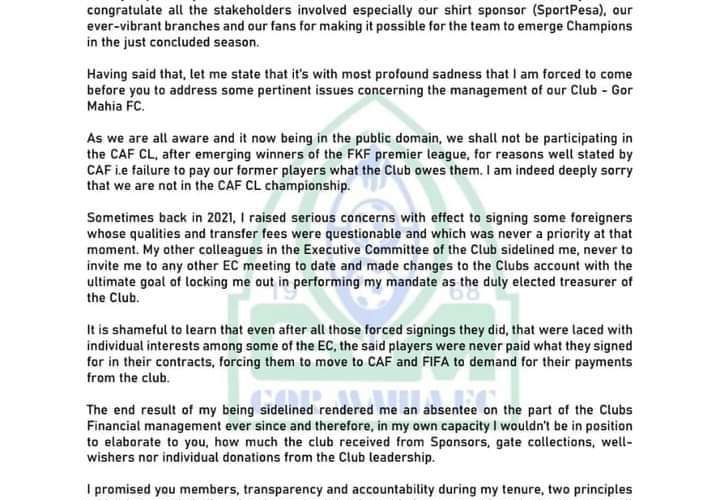 Letter by Gor Mahia treasurer Dolphine Odhiambo. 