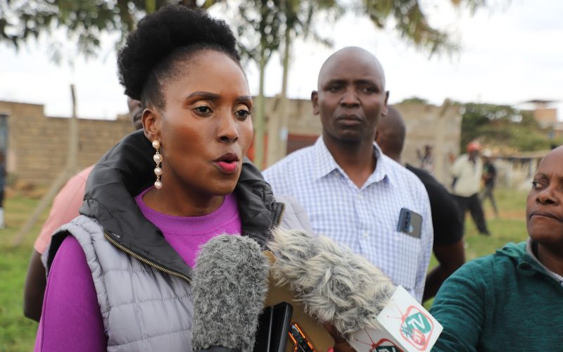 Thika MP Alice Ng'ang'a addresses journalists at Kiang'ombe village in Thika Town Constituency.