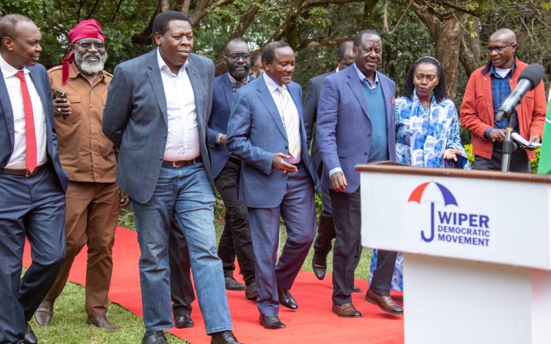 Azimio leaders led by Raila Odinga at Wiper Party headquarters during a press conference. PHOTO/(@AzimioTv)/Azimio TV/Twitter.