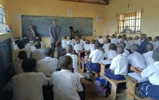 Education CS Ezekiel Machigu at Bondo Township School. PHOTO/(@machoguezekiel)/Ezekiel Machogu/Twitter.