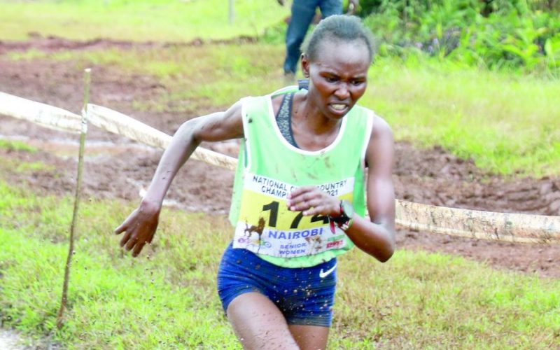 Ruth Chepngetich wades trhoug mud to come 3rd overal durin National Cross country trials at Ngong Rescourse-David Ndolo