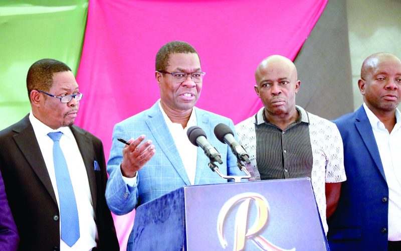 Ugunja MP Opiyo Wandayi (centre) with other members of Azimio La Umoja coalition addreses the press conference at the Jaramogi Oginga Odinga Foundation in Nairobi, yesterday.