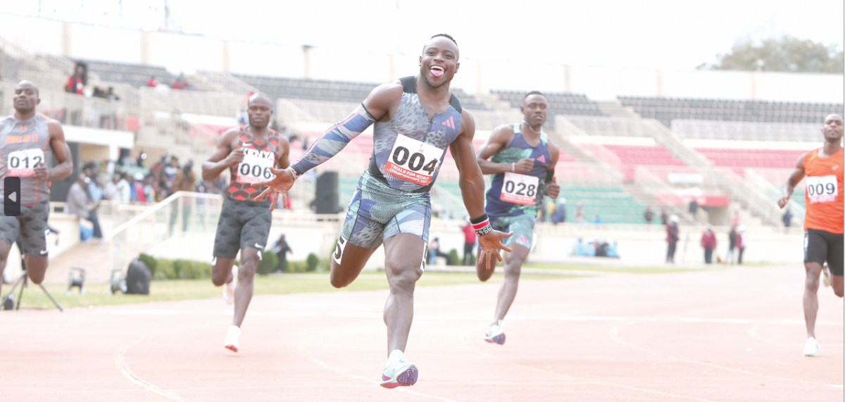 Ferdinand Omanyala celebrates after winning in the 100 metres men during the national trials for the world athletics championship at the Nyayo National Stadium on July 8. INSET: South Africa’s Akani Simbine during a past event. PHOTO/Rodgers Ndegwa