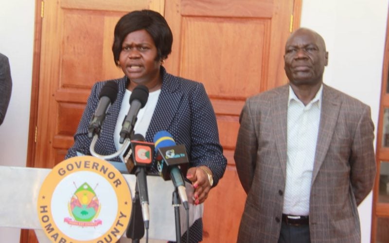 Homa Bay Governor Gladys Wanga with her deputy Oyugi Magwanga during a press briefing. PHOTO/Habil Onyango