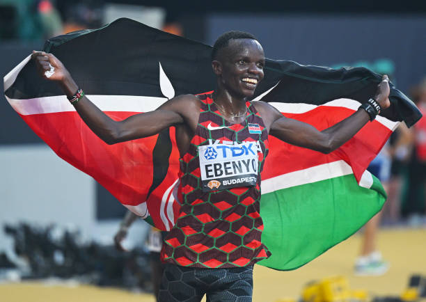 Daniel Ebenyo celebrates silver medal in 10000m in Budapest. PHOTO/(@athletics_kenya)/Athletics Kenya/Twitter