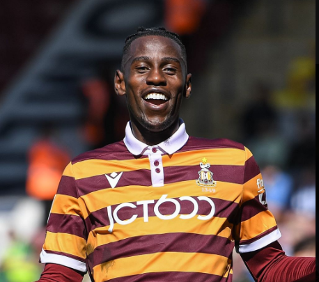 Harambee Stars utility player Clarke Oduor in action for Bradford City. PHOTO/Bradford City AFC