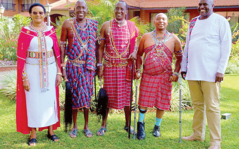 Narok Woman Rep Rebecca Tonkei, governors Joseph ole Lenku (Kajiado) and Patrick ole Ntutu (Narok), EALA MP David Sankok and Chief Executive Officer of Narok-Kajiado economic block Jackson ole Mbario during a consultative meeting of Maasai leaders ahead of the Maasai culture week from August 21 to 24 at the Masai Mara Sikinani Gate. PHOTO/George Sayagie