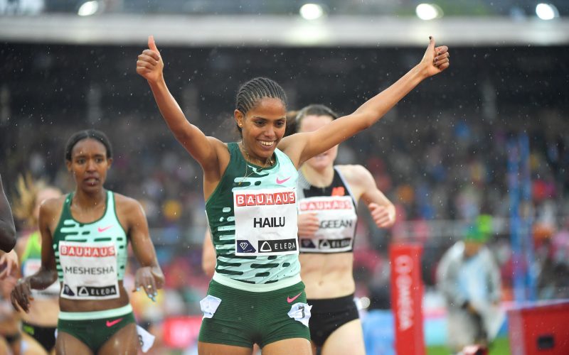 Freweyni Hailu wins the 1500m in the rain in Stockholm. PHOTO/World Athletics