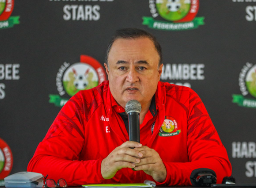 Harambee Stars head coach Engin Firat addressing the press. PHOTO/(@Harambee__Stars)/Harambee Stars/Twitter