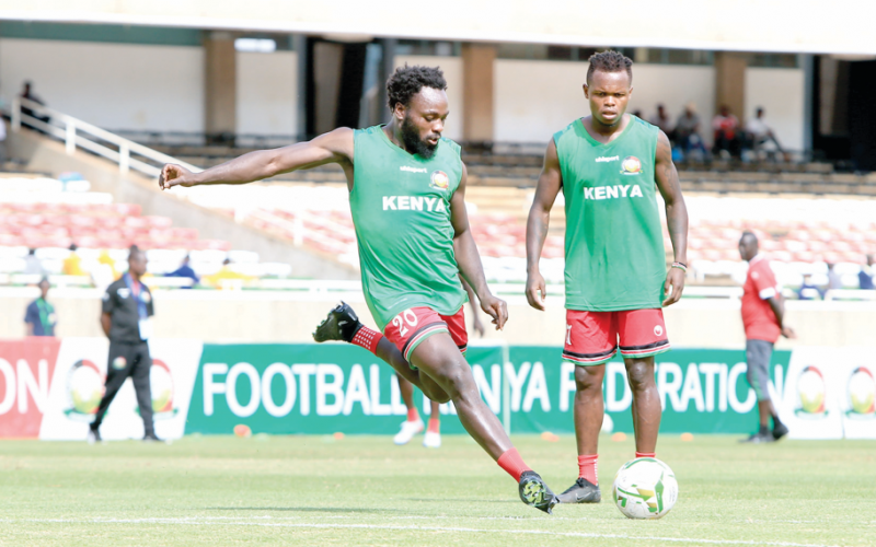 Harambee Stars attacker Elvis Rupia shoots the ball during their warm up session before playing South Sudan in a friendly on Tuesday. PHOTO/Rodgers Ndegwa