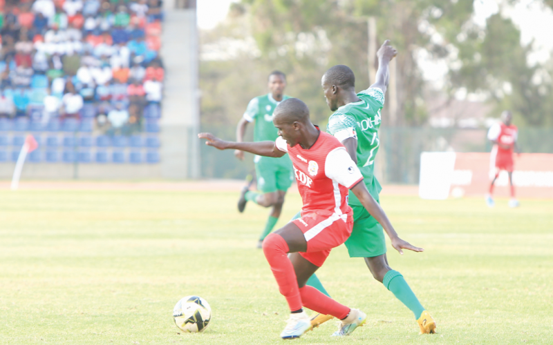 Boniface Muchiri of Ulinzi Stars (left) vies for the ball against Gor Mahia’s Geofrey Ochieng during their FKF-PL match played at Ulinzi Sports Complex, Nairobi. PHOTO/Rodgers Ndegwa.