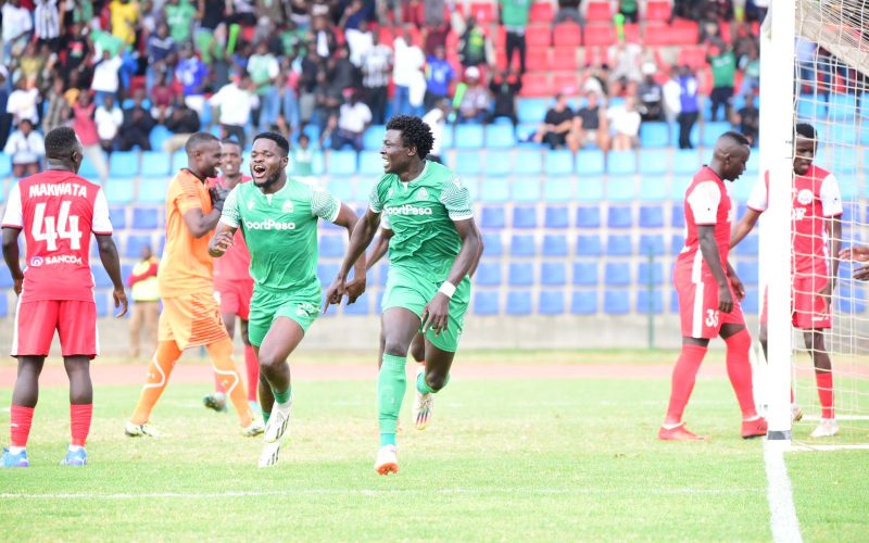 Gor Mahia's Kevin Simiyu and Benson Omala celebrate a goal against Ulinzi Stars in a Premier League match. PHOTO/(@OfficialGMFC)/Gor Mahia/Twitter