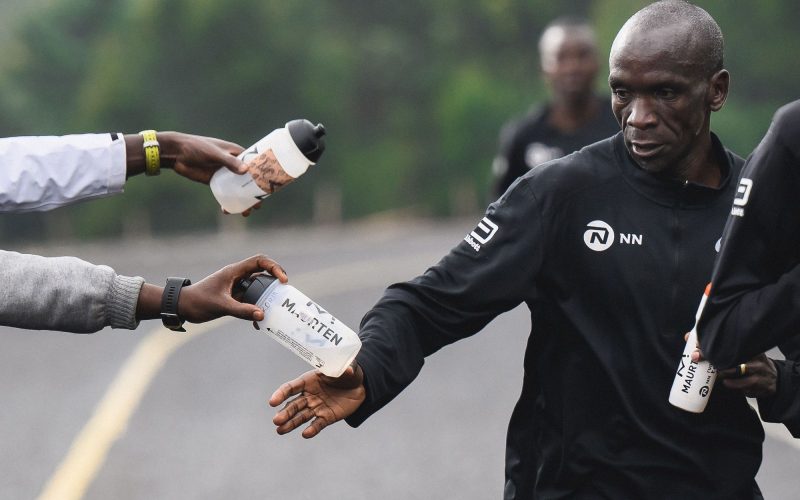 Eliud Kipchoge takes a drink on his training run. PHOTO/Eliud Kipchoge